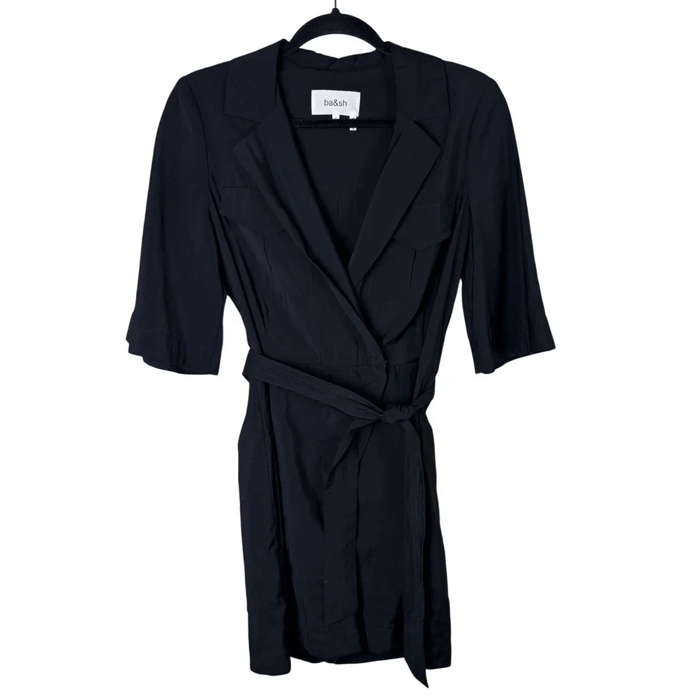 Ba&sh Calia Black Mini Romper Short Sleeve Belted Wrap Front Size S